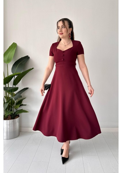 Düz Kemerli Elbise Bordo