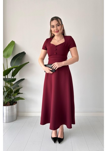 Düz Kemerli Elbise Bordo