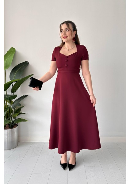 Düz Kemerli Elbise Bordo