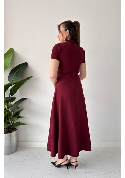 Düz Kemerli Elbise Bordo