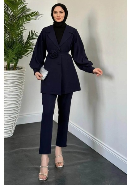 Kadın Bonita Gül Kemerli Astarlı Ceket Takım