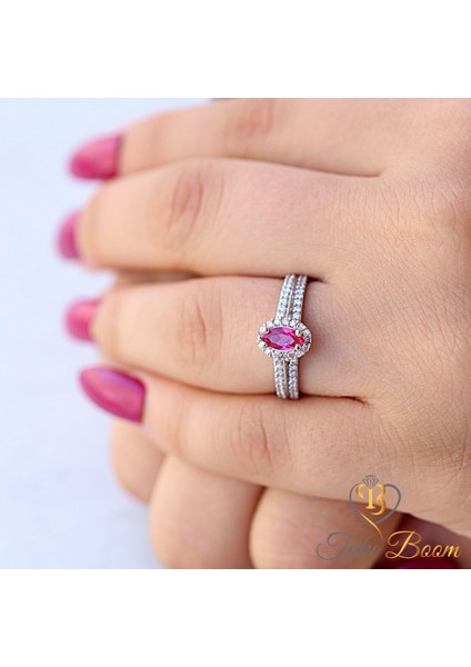 Kırmızı Beyaz Taşlı Markiz Kadın Yüzük, Mekik Kadın Yüzüğü,