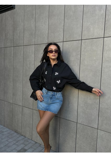 Kadın Siyah Taş Işlemeli Poplin Geniş Kesim Gömlek 29026 indirimleri