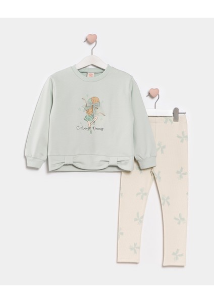 Kız Çocuk Baskılı Fiyonk Detaylı Taytlı Ikili Takım
