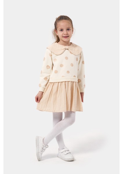Kız Çocuk Puanlı Müslin Garnili Uzun Kollu Mevsimlik Elbise