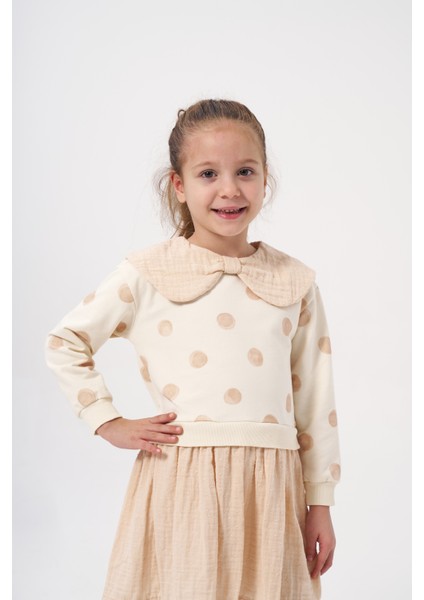 Kız Çocuk Puanlı Müslin Garnili Uzun Kollu Mevsimlik Elbise fiyatları