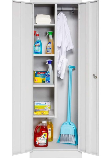 Metal Temizlik Malzemeleri Dolabı, Kilitlenebilir Kapılı, Büyük Bölmeli, Askılı Elbise Dolabı