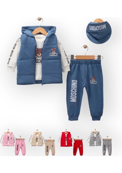 Baby Marka Moşino Desen Baskı Yelekli Üçlü Takım Unisex 6-36 Ay