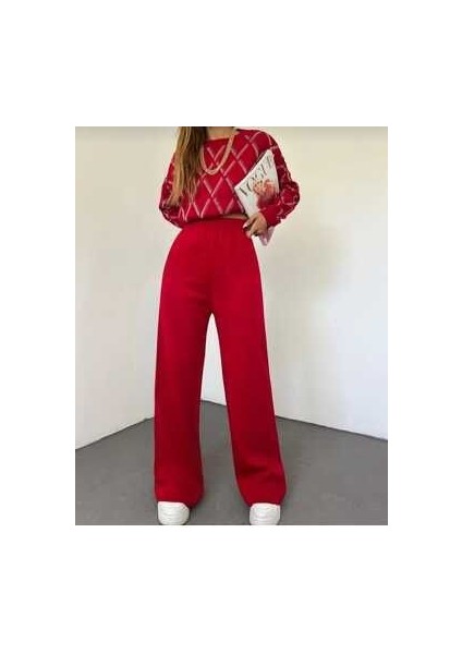 Kadın Kışlık Rahat Kalıp Bol Paça Comfort Beli Lastikli Triko Pantolon