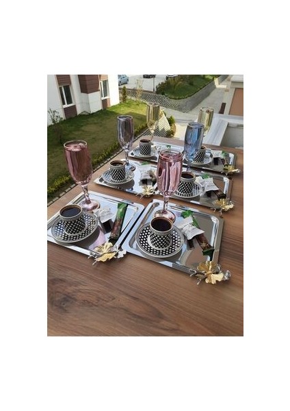 Paslanmaz Çelik Kare 6’lı Sunum Tepsisi Kelebek Aksesuarlı Ikramlık Sunumluk Kahve ve Çay Sunum