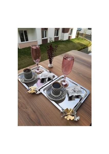 Paslanmaz Çelik Kare 6’lı Sunum Tepsisi Kelebek Aksesuarlı Ikramlık Sunumluk Kahve ve Çay Sunum fiyatları