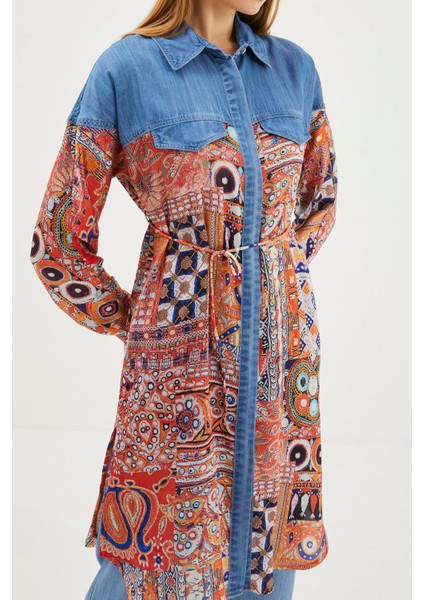 Denim Desenli Gömlek Yaka Mavi/oranj Uzun Tunik T-1441 fiyatları
