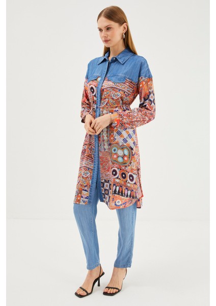 Denim Desenli Gömlek Yaka Mavi/oranj Uzun Tunik T-1441 fırsatları