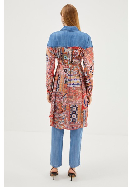 Denim Desenli Gömlek Yaka Mavi/oranj Uzun Tunik T-1441 indirimleri