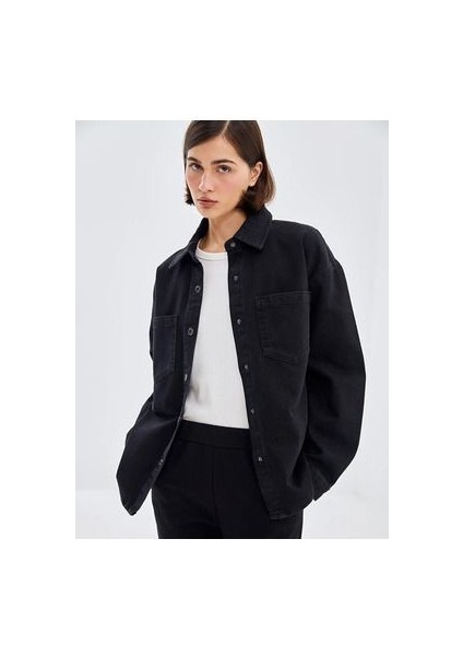 Siyah Rodeo Oversize Kadın Jean Gömlek Ceket