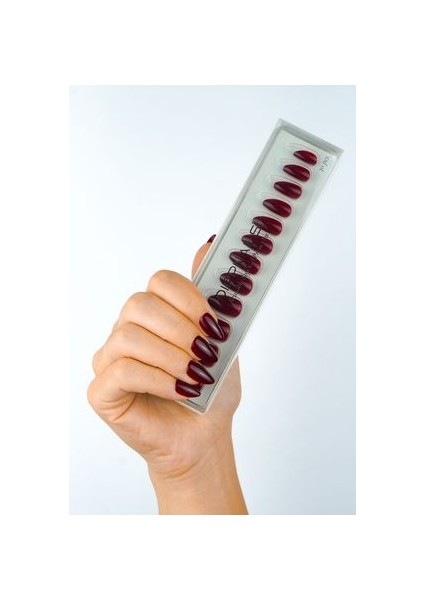 Red Wine Jel Takma Tırnak Tekrar Kullanılabilir Badem Manikür Seti 30 Adet