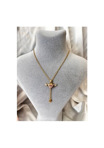 Lüks Çelik Gold Kanatlı Kalpli Kolye