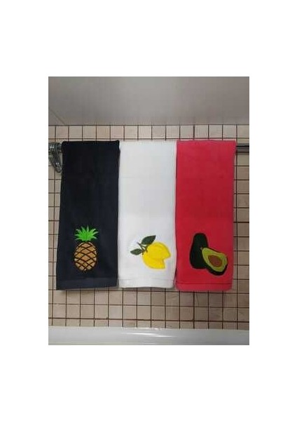 Limon, Avokado, Ananas Nakış Işlemeli 3lü Mutfak Havlu Seti