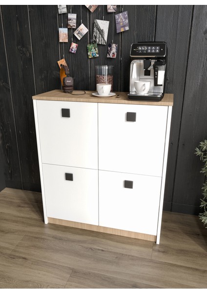 Asya Kahve Köşesi ve Çok Amaçlı Dolap Tamamı Mdf Beyaz Garden Meşe