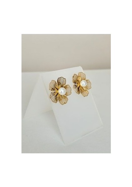 Ebru Çitak - Gold Çelik Inci Detaylı Vintage Çiçek Küpe fiyatları