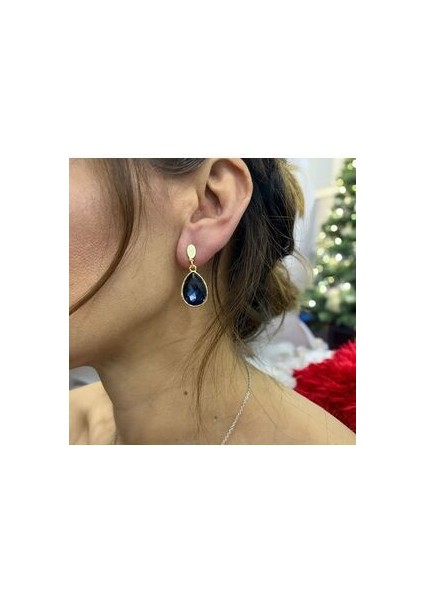 Lacivert Kristal Taşlı Şık Sallantılı Küpe