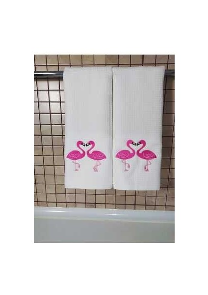 Kalp Şekilli 2li Flamingo Nakışlı Waffle Mutfak Havlusu