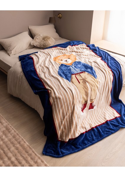 Marnay Ayı Tek Kişilik Wellsoft Polar Baskılı Battaniye - Bej/lacivert