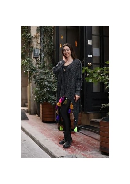 Otantik Etnik Püskül Detaylı Eskitme Salaş Oversize Pamuk Standart Uzun Triko Hırka