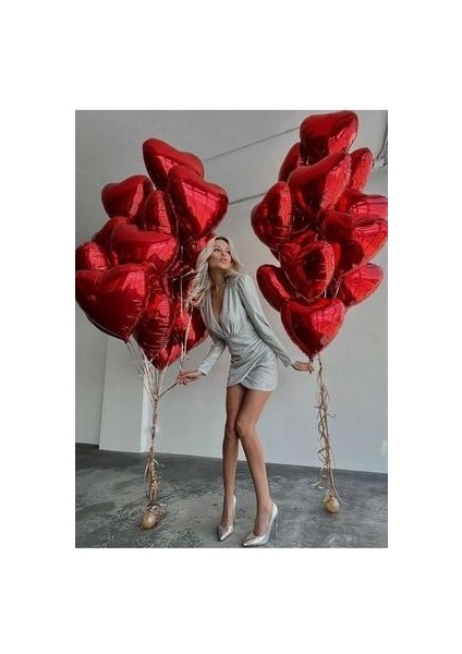 Kırmızı Kalpli Folyo Uçan Balon 5 Adet 18 Inç 45 cm Sevgililer Günü Balonu