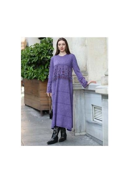 Yıkamalı Baskı Detaylı Pamuk Elbise