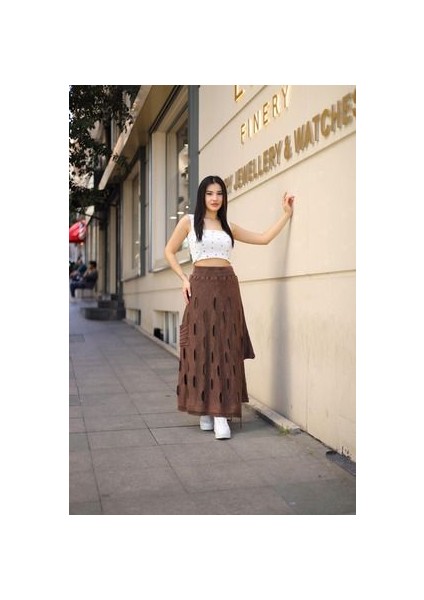 Etnik Bohem ve Otantik Tarz Yıkamalı Tasarım Astarlı Yan Büzmeli Cepli Pamuk Standart Beden Etek