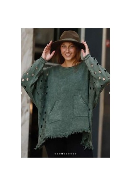 Etnik Bohem ve Otantik Tarz Cepli Eteği Püskül Detaylı Yıkanmış Pamuk Salaş Standart Beden Triko