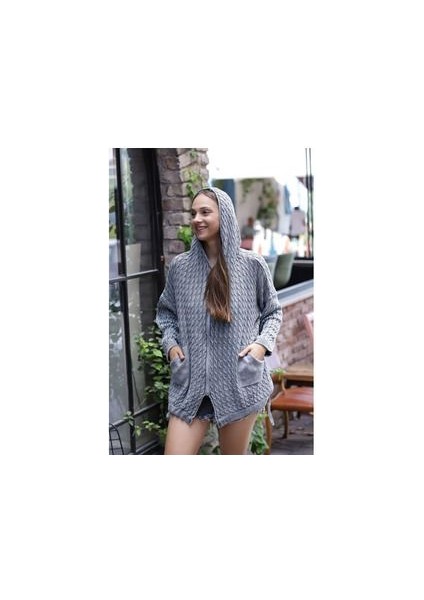 Etnik Bohem ve Otantik Cepli Salaş Kapüşonlu Standart Beden Pamuk Yıkamalı Örgü Desen Triko Tunik