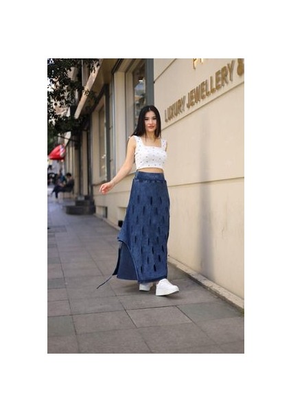 Etnik Bohem ve Otantik Tarz Yıkamalı Tasarım Astarlı Yan Büzmeli Cepli Pamuk Standart Beden Etek