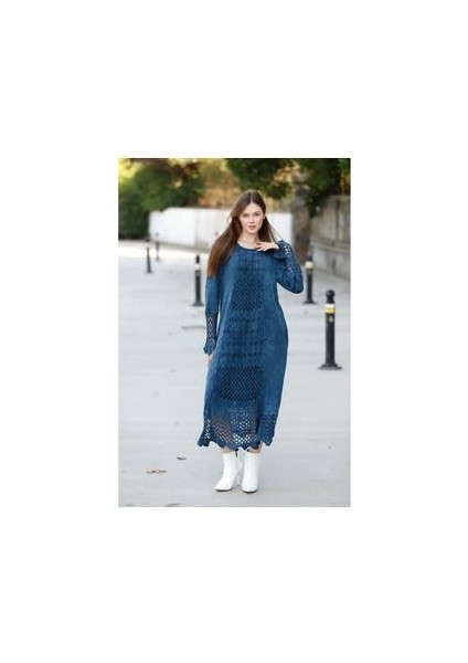 Etnik Bohem ve Otantik Tarz Bisiklet Yaka Antik Yıkama %yüz Pamuk Standart Beden Triko Elbise