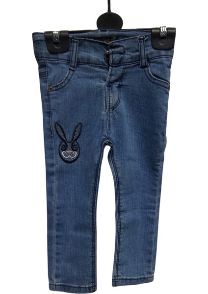 Tavşan Nakışlı Taş Işlemeli Jeans Pantolon