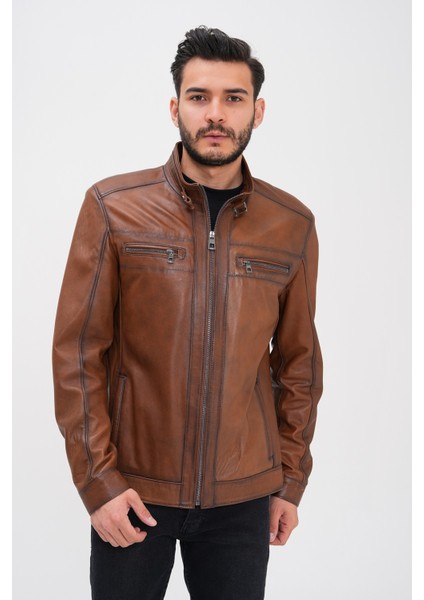 Basics&more Erkek Fermuar Detaylı Hakiki Deri Ceket - SRY27