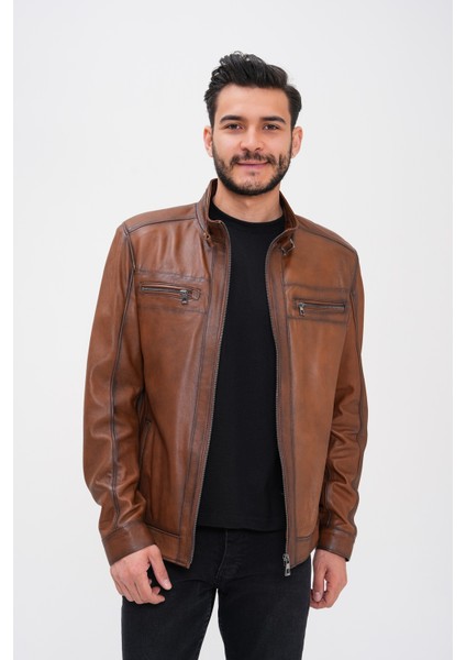 Basics&more Erkek Fermuar Detaylı Hakiki Deri Ceket - SRY27