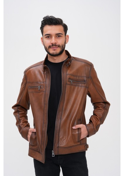 Basics&more Erkek Fermuar Detaylı Hakiki Deri Ceket - SRY27