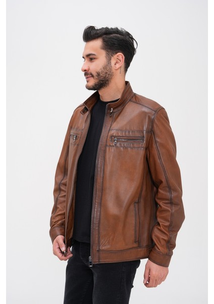 Basics&more Erkek Fermuar Detaylı Hakiki Deri Ceket - SRY27