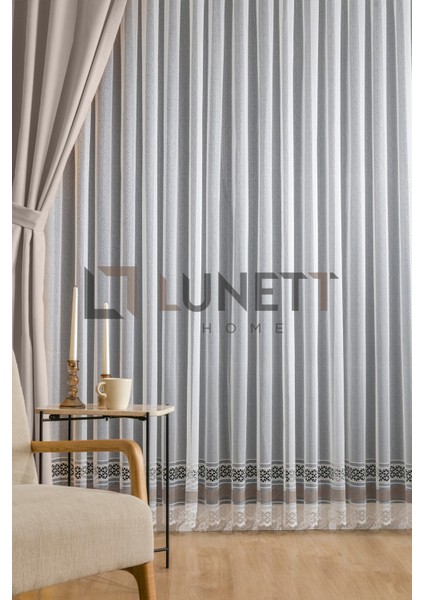 Kullanıma Hazır Ekru Vizon Renk Efes Desen (1x3) Sık Pileli Tül Perde