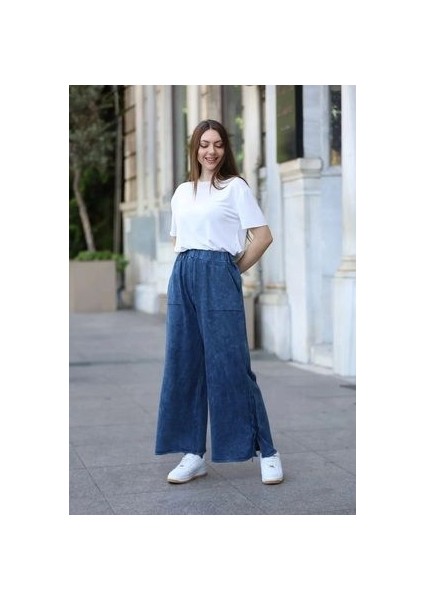 Etnik Bohem ve Otantik Tarz Yıkamalı %100 Pamuk Cepli Triko Geniş Paça Pantolon