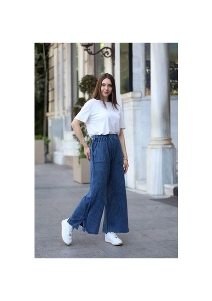 Etnik Bohem ve Otantik Tarz Yıkamalı %100 Pamuk Cepli Triko Geniş Paça Pantolon fiyatları