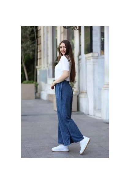 Etnik Bohem ve Otantik Tarz Yıkamalı %100 Pamuk Cepli Triko Geniş Paça Pantolon modelleri