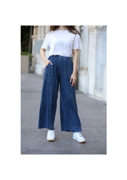 Etnik Bohem ve Otantik Tarz Yıkamalı %100 Pamuk Cepli Triko Geniş Paça Pantolon fırsatları