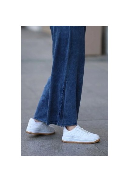 Etnik Bohem ve Otantik Tarz Yıkamalı %100 Pamuk Cepli Triko Geniş Paça Pantolon indirimleri