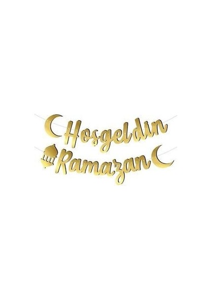 Hoşgeldin Ramazan Kaligrafi Banner Gold Renkli Ipe Dizili Altın Ramazan Süsü