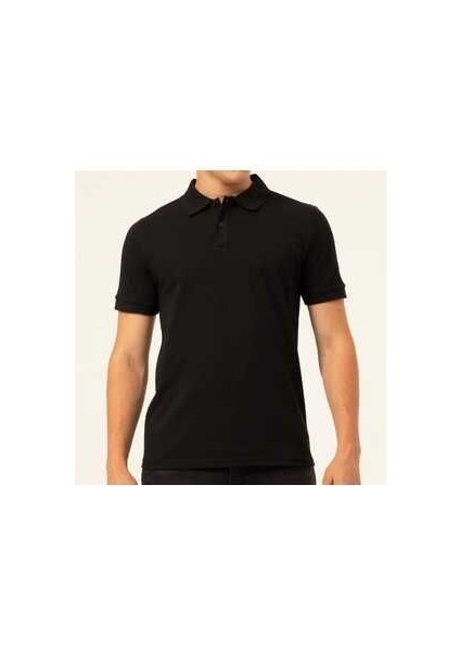 Polo Yaka Düz Siyah Saf Pamuk T-Shirt