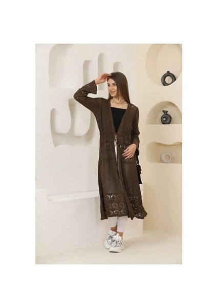 Etnik Bohem ve Otantik Tarz Beli Bağlamalı Pamuk Standart Beden Uzun Örme Tunik