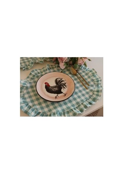 Amerikan Servis Oval 4 Adet Yeşil Kareli Fırfırlı Duck Keten